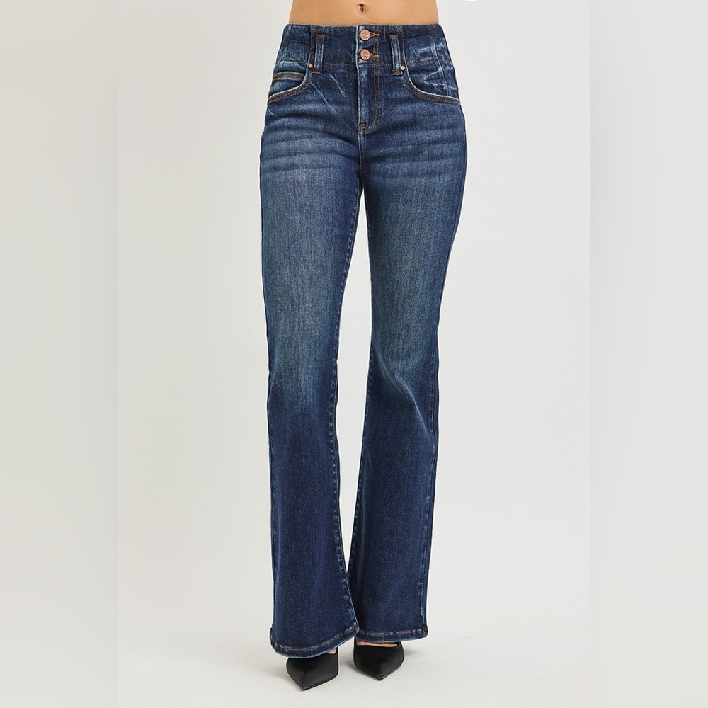 RISEN High Rise Flare Jeans With Seam Detail Waistband